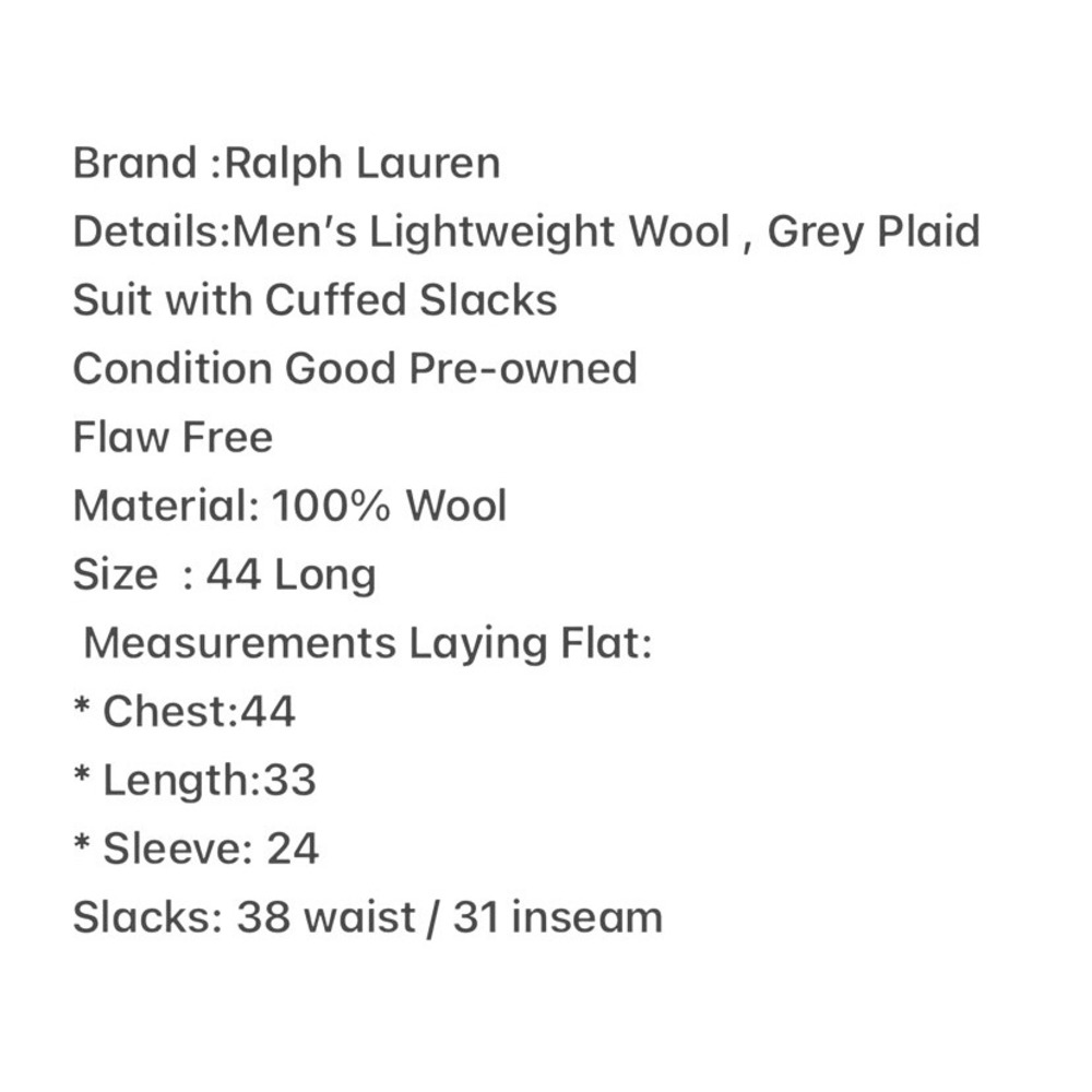 Ralph Lauren Mens 44L Grey Glen Plaid 100% Wool 2-Button Suit Cuffed 38x31 - Picture 6 of 6